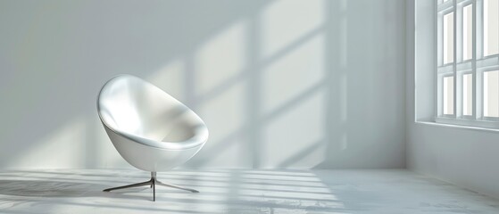 Modern white chair in a minimalist room with natural light streaming through large windows
