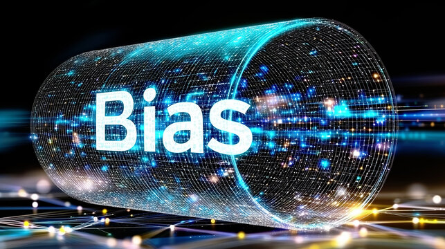 A glowing digital capsule with the word "Bias" outside, surrounded by vibrant lights and data patterns, symbolizing bias in technology or artificial intelligence.