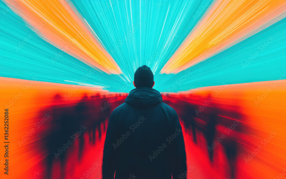Poster captures vibrant scene where person stands in foreground, surrounded by dynamic burst of colors and 