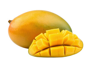 Fototapeta premium A whole ripe mango with smooth, golden-yellow skin, next to a sliced mango fan, with juicy flesh glistening under soft lighting, on a solid white background.