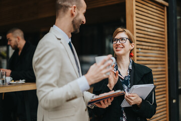 Smiling business people in conversation outside, expressing connection and teamwork. Represents people networking or building relationships in a casual modern setting.