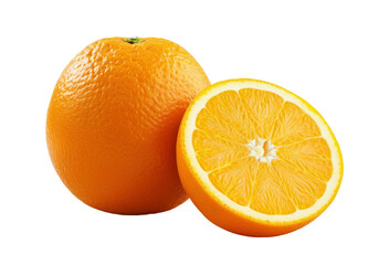 A whole, perfectly round orange with a glossy surface, sitting beside an orange half, its bright pulp glistening under studio lighting, on a solid white background.