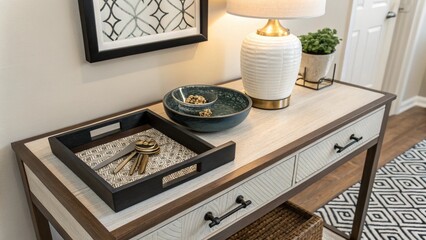 A modern entryway table with a wooden tray holding keys, a wallet, and a candle, showcasing organized home decor.
