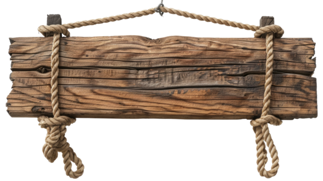 Rustic Signpost: A weathered wooden sign, suspended by sturdy ropes, evoking a sense of history, nature, and craftsmanship. Ideal for conveying messages with a vintage or natural aesthetic.