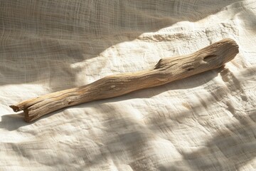 A sunlit piece of driftwood resting on a textured fabric background, evoking a serene natural aesthetic