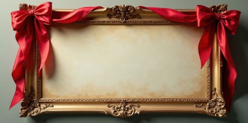 Elegant vintage ribbon banner draped over a antique door frame, fabric, holiday decor