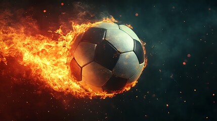 Naklejka premium Isolated black soccer sphere ablaze in abstract fire play
