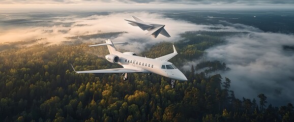 Fototapeta premium Private Jet and Military Aircraft Flying Above Misty Forest