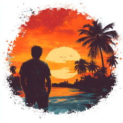 A vibrant, painterly illustration of a man standing on a beach at sunset, gazing at the large glowing sun descending over a tropical shoreline. 