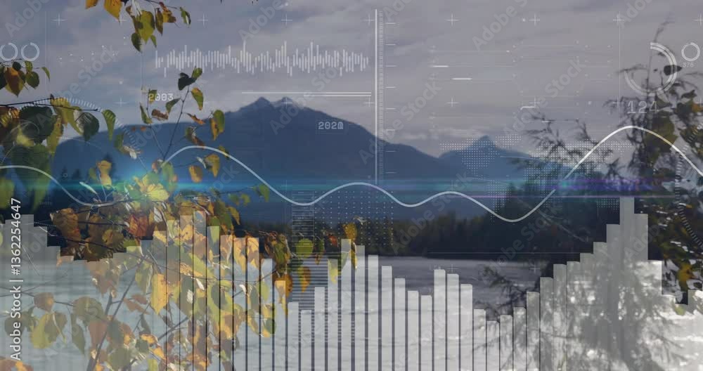 Poster digital data animation overlaying mountain landscape with trees and lake