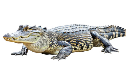 Fototapeta premium Alligator's Calm Stance: An Alligator rests serenely in a controlled environment, showcasing its reptilian details