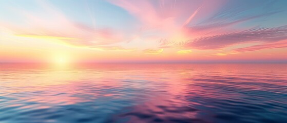 Fototapeta premium Serene sunset over calm ocean waters reflecting vibrant colors with soft clouds in the background