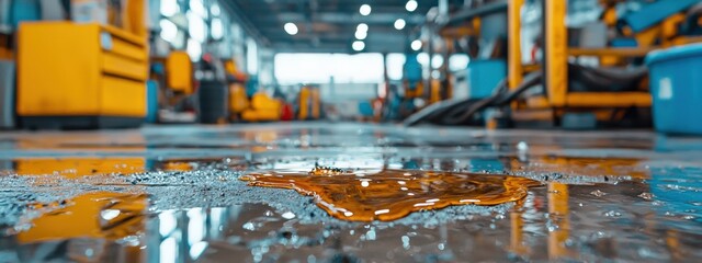Oil spills in a mechanic shop creating surreal art on the floor