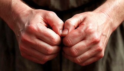Fototapeta premium Clenched Fists with Tension and Anxiety, Close-Up of Pale Hands Against Dark Fabric Background