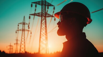 Worker Silhouette Against Electric Towers at Sunset with Calm Sky