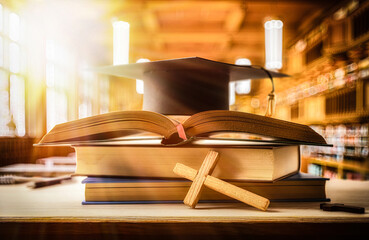 Stack of books with Bible and mortarboard in a classroom