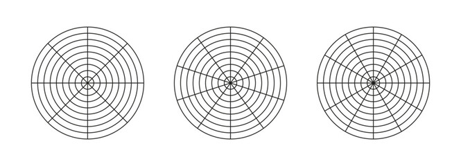 Set of wheel of life. Coaching tool for visualising all areas of life. Circle diagram, life style balance. Black polar grid with 8, 10, 12 segments and 8 concentric circles. Blank of polar graph paper