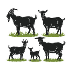  set vector various goat, goat in the grass silhouette