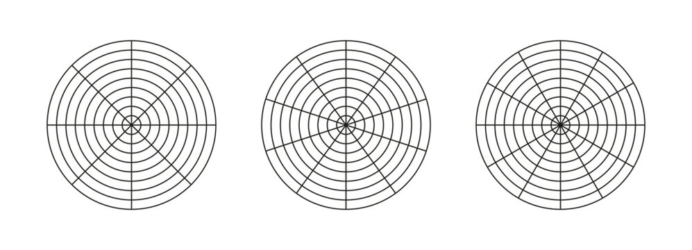 Set of wheel of life. Coaching tool for visualising all areas of life. Circle diagram, life style balance. Black polar grid with 8, 10, 12 segments and 8 concentric circles. Blank of polar graph paper