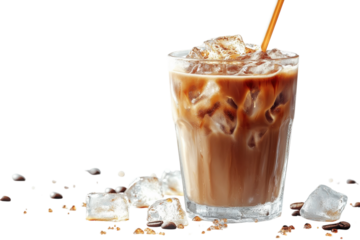 Iced Coffee Delight A Refreshing Glass Of Iced Coffee, Perfectly Chilled With Ice Cubes And A Straw, Scattered Coffee Beans Adding A Touch Of Elegance Against A Bright Isolated on Transparent Backgrou