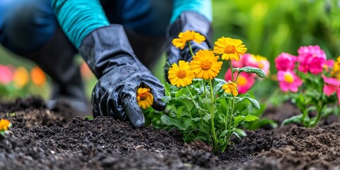 Gardening hands planting flower in soil bed during active spring session showing strong gesture and growth symbolism under warm light and fresh outdoor energy