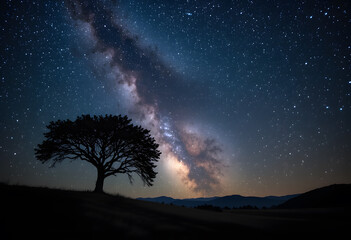 Fototapeta premium A Lone Tree Silhouetted Against a Starry Night Sky with the Milky Way
