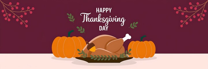 Festive Thanksgiving scene with a roasted turkey adorned with an acorn surrounded by green leaves two pumpkins and 'Happy Thanksgiving Day' text on a maroon background with red berries in the corner