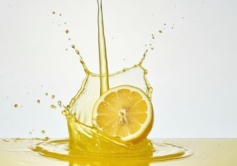 A dynamic shot of lemon juice droplets frozen mid-air, with a halved lemon releasing fresh juice, on a solid white background.