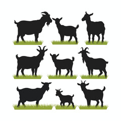 set vector various goat, goat in the grass silhouette
