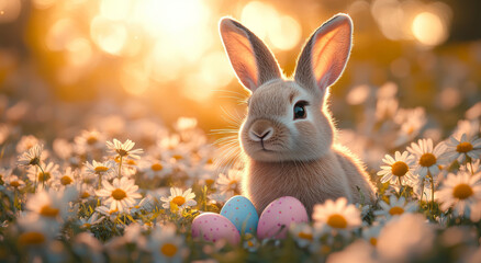 Cute Easter bunny enjoys bright day among flowers with colorful eggs