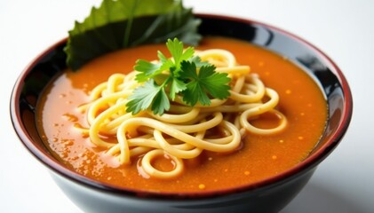 Close-up of ramen bowl, broth, noodles, white backdrop, scallions, appetizing, cuisine