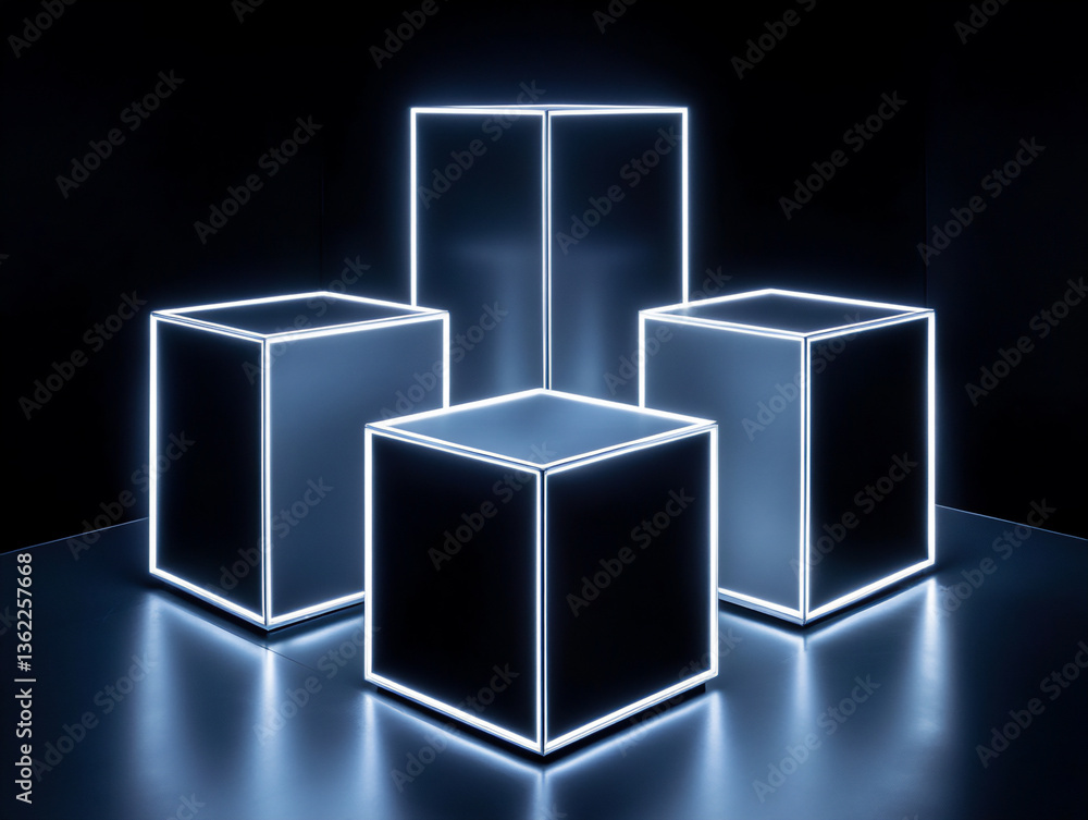 Poster a black background with three square podiums arranged in the shape of an isosceles triangle, illumin