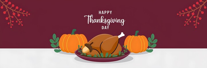 Festive Thanksgiving scene with a roasted turkey adorned with an acorn surrounded by green leaves two pumpkins and 'Happy Thanksgiving Day' text on a maroon background with red berries in the corner