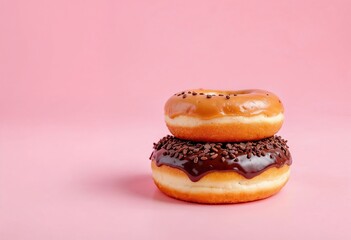 Stack of Delicious Donuts with Caramel and Chocolate Icing on Pink Background

