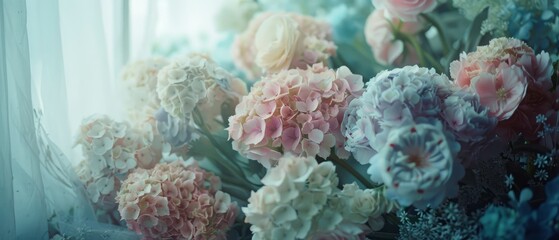 A serene arrangement of pastel flowers in a soft-lit interior, creating a calming atmosphere