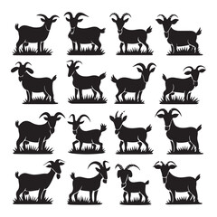  set vector various goat, goat in the grass silhouette
