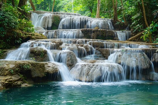 Serene cascading waterfalls surrounded by lush greenery, inviting tranquility and nature exploration