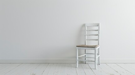 A minimalist white chair with a woven seat positioned against a plain white wall in a bright room