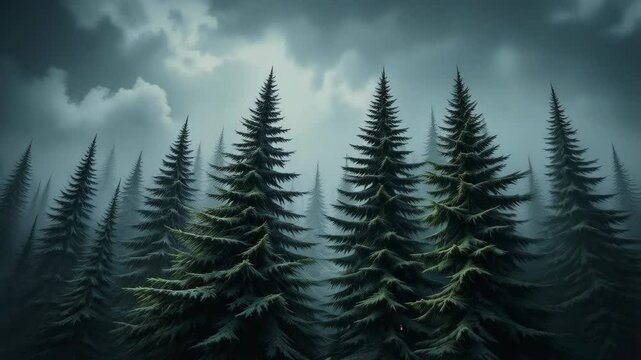 Dark and Mysterious Evergreen Forest Under a Stormy Sky A breathtaking view of tall pine trees shrouded in mist and rain