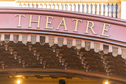 The colorful veranda of theatre with rows of lights