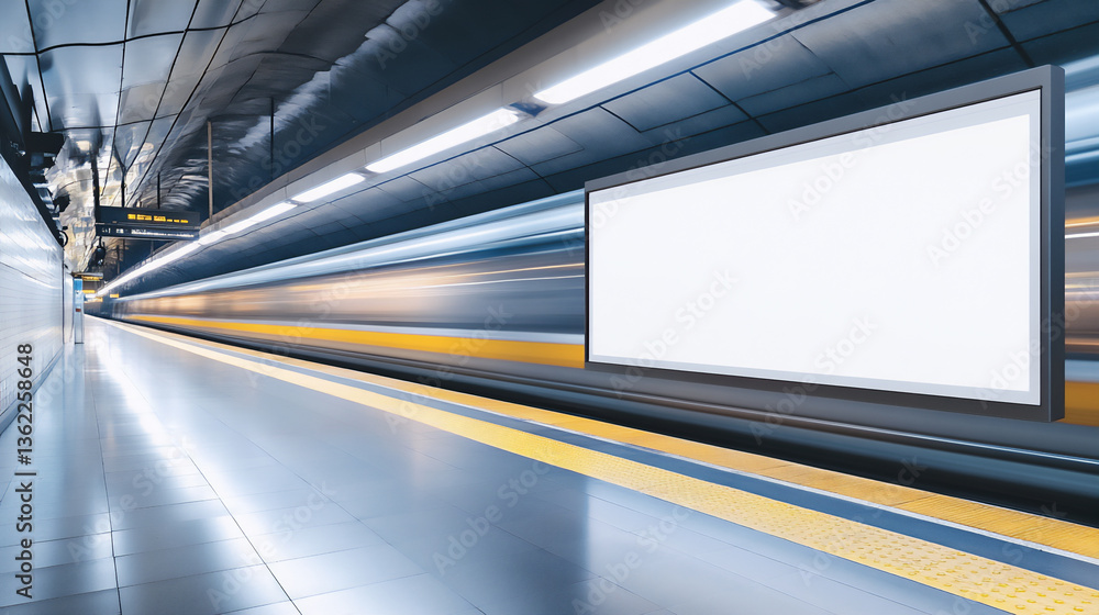 Poster a blank billboard in the middle of an empty subway station, with a blurred passing train behind it. 
