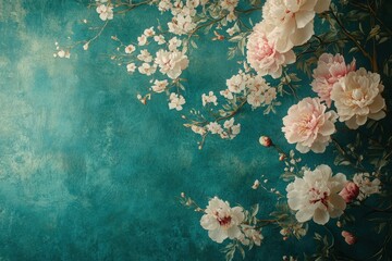 Floral background wallpaper featuring soft pink peonies on a vibrant teal backdrop, perfect for adding elegance and charm to any space, floral design concept