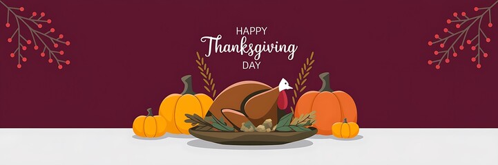 Festive Thanksgiving scene with a roasted turkey adorned with an acorn surrounded by green leaves two pumpkins and 'Happy Thanksgiving Day' text on a maroon background with red berries in the corner