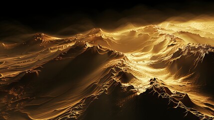 Golden-hued mountain landscape with dramatic peaks and valleys under a dark sky, evoking adventure