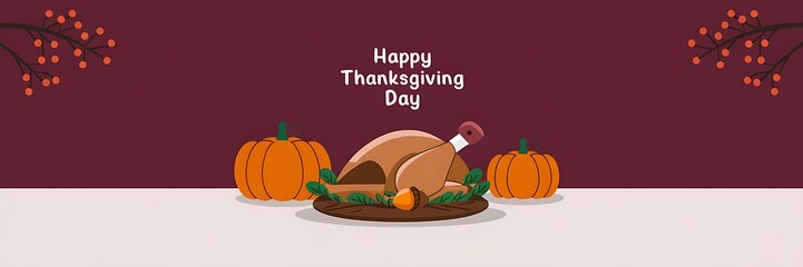 Festive Thanksgiving scene with a roasted turkey adorned with an acorn surrounded by green leaves two pumpkins and 'Happy Thanksgiving Day' text on a maroon background with red berries in the corner