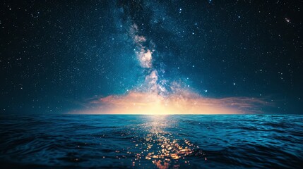 Serene night seascape with a vibrant Milky Way above, reflecting on calm ocean waters at dawn
