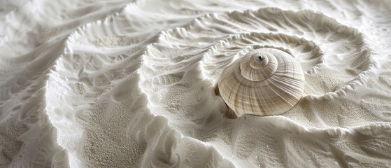 Close-up of a spiral seashell resting on textured white sand, evoking tranquility and nature's beauty