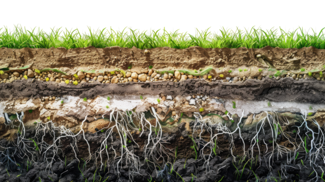 Earth's Hidden Layers: A detailed cross-section reveals the intricate layers of soil and plant roots, showcasing the hidden world beneath our feet.