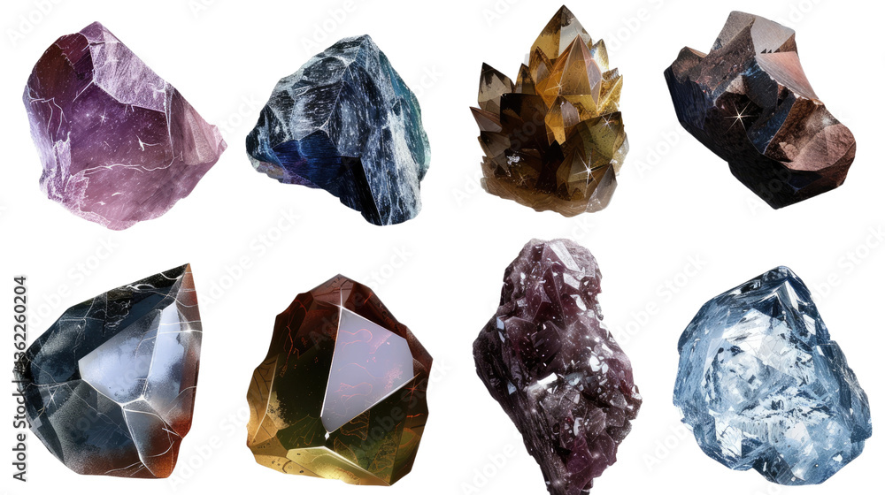 Poster crystalline gems array: a dazzling array of various crystalline gems, each with unique colors, shape