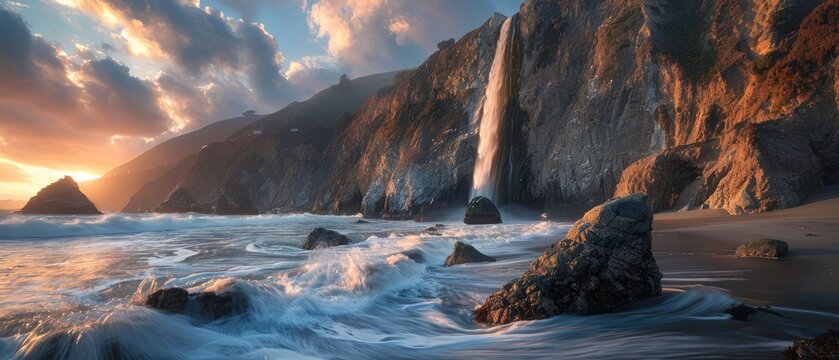 Serene coastal landscape featuring a majestic waterfall cascading down rocky cliffs at sunset